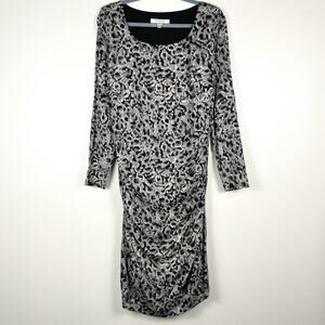 L.K. Bennett Size 12 US 16 UK Gray Animal Print Long Sleeve Ruched Sheath Dress